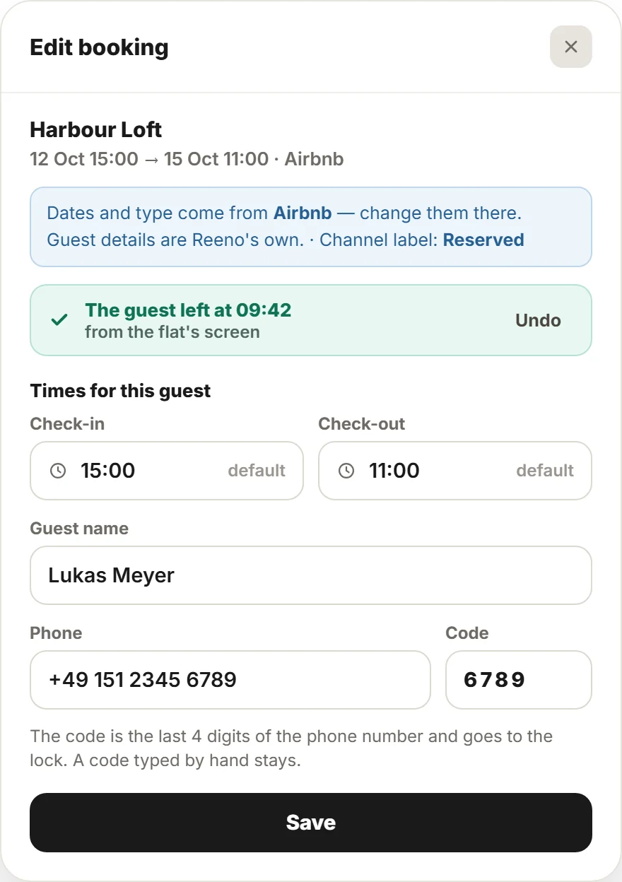 Broneering Reenos: Airbnb viibimine Harbour Loftis, külaline lahkus 09:42 korteri ekraani kaudu ja uksekood on võetud külalise telefoninumbrist.